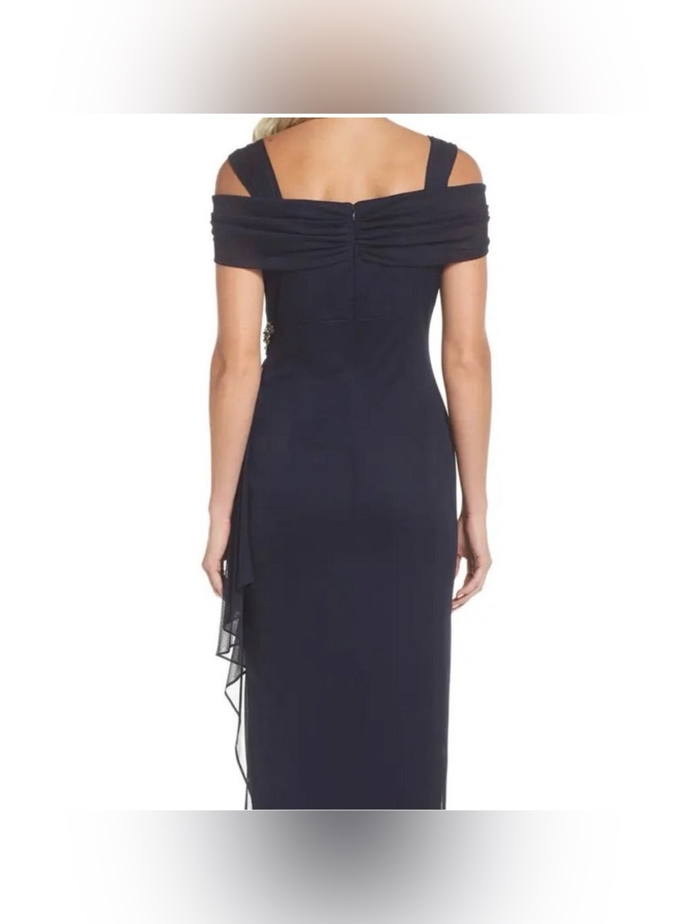 ALEX EVENINGS Embellished Navy Blue Cold Shoulder Column Gown - Picture 5 of 16